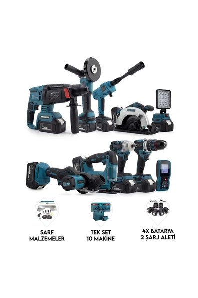 ONLU SET (Led Işık + Kırıcı Delici Matkap+avuç taşlama+Somun Sıkma+Vidalama+Sunta Kesme+Dekupaj+Laze ürün görseli 1