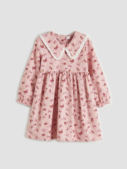 LCW Kids Pembe Bebe Yaka Desenli Kız Çocuk Gabardin Elbise ürün görseli 1