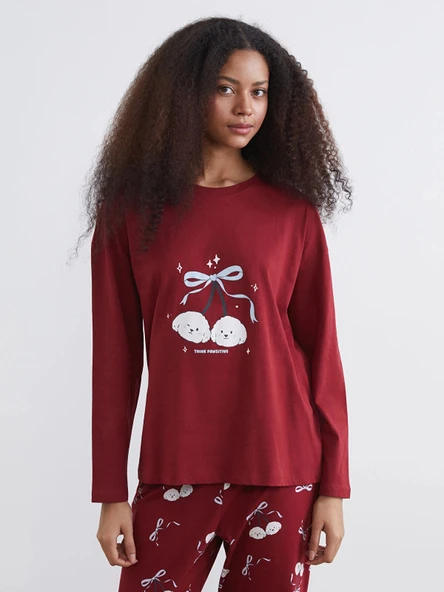 LCW Young Bordo Bisiklet Yaka Baskılı Kadın Pijama Takımı ürün görseli 1