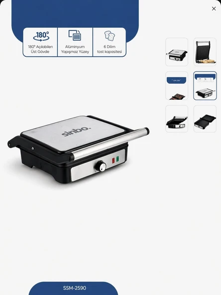 Sinbo SSM-2590 2000 W Güçlü Metal Tost Makinesi Izgara Özelliği ile Gri Renk ürün görseli 1