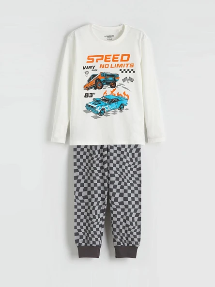LCW Kids Ekru Bisiklet Yaka Baskılı Erkek Çocuk Pijama Takımı ürün görseli 1
