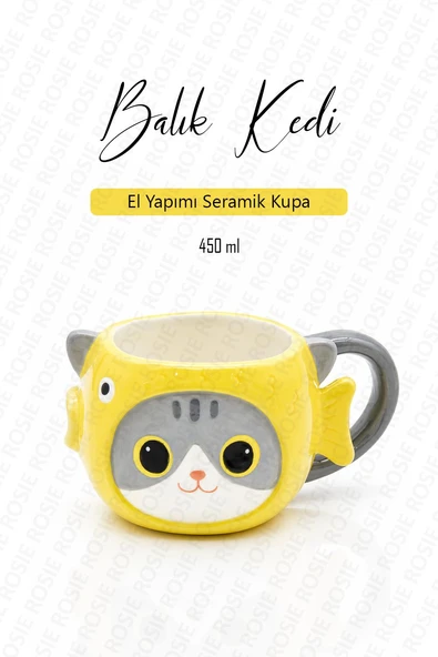 Kedi Balık Figürlü El Yapımı Seramik Kupa, Kahve Fincanı, Mug 450 ml ürün görseli 1
