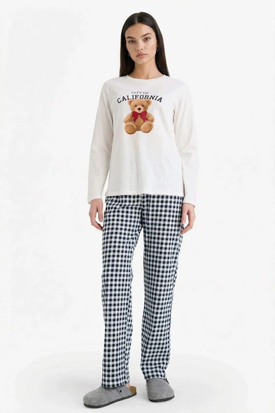 Defacto G2169AXNV241 Lacivert Pijama Takımı Regular Fit Ayıcıklı Uzun Kollu Üst Kareli Uzun Alt ürün görseli 1