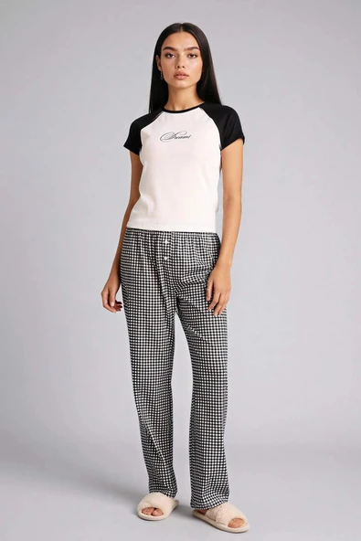 Defacto G8522AXBK81 Siyah Pijama Takımı Üst Kareli Alt ürün görseli 1