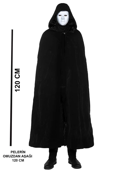 Siyah Kapüşonlu 120 cm Pelerin ve Beyaz Boyanabilir Tam Yüz Maske ürün görseli 1