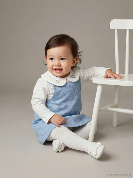 LCW baby Mavi Nakışlı Kız Bebek Salopet Elbise ve Bluz ürün görseli 1