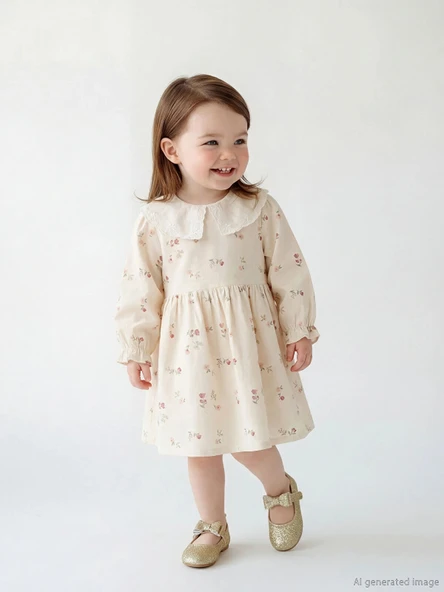 LCW baby Bej Bebe Yaka Çiçek Desenli Kız Bebek Gabardin Elbise ürün görseli 1