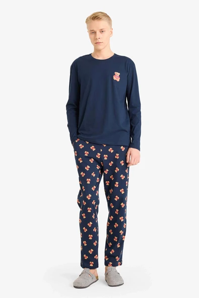 Defacto G7393AXNV135 Lacivert %100 Pamuk Pijama Takımı Regular Fit Ayıcıklı Uzun Kollu Üst Uzun Alt ürün görseli 1