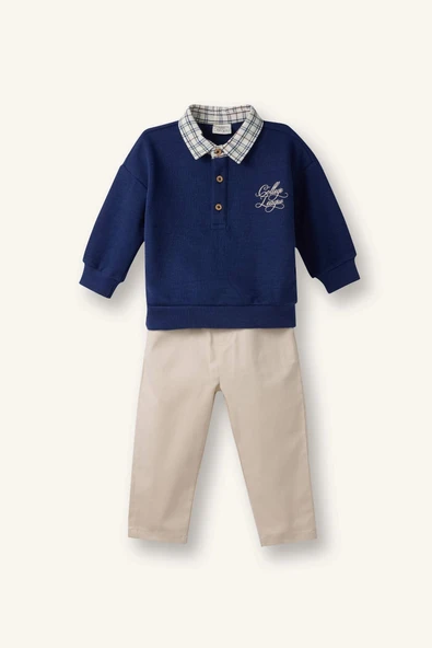 Defacto G6480A5NV95 Lacivert Selanik Kumaş 2'li Takım Polo Yaka Sweatshirt Pantolon Erkek Bebek ürün görseli 1