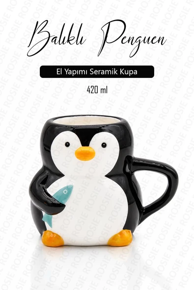 Penguen Figürlü El Yapımı Seramik Kupa, Mug, 420 ml ürün görseli 1
