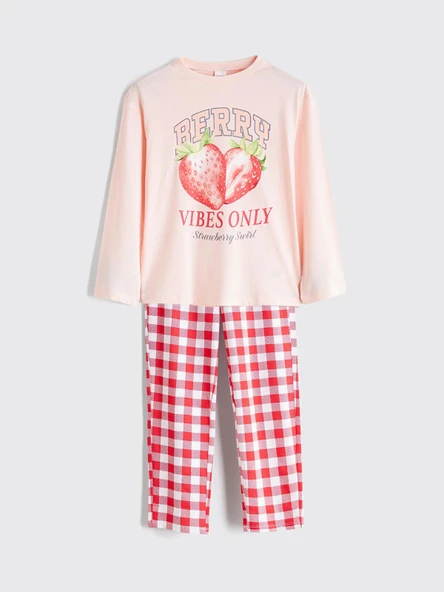 LCW Kids Pembe Bisiklet Yaka Çilek Baskılı Kız Çocuk Pijama Takımı ürün görseli 1