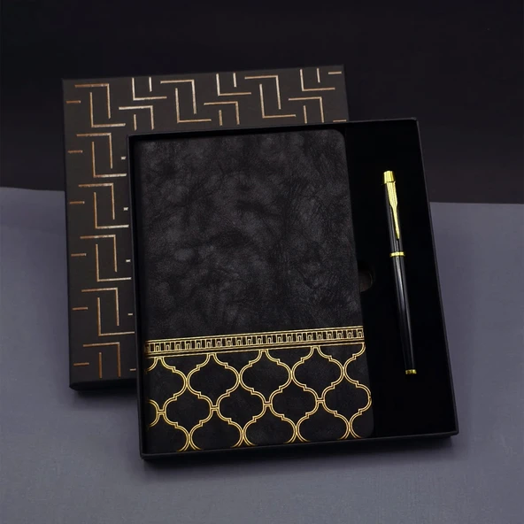 Gold Desen Siyah Deri Defter Kalem Set ürün görseli 1