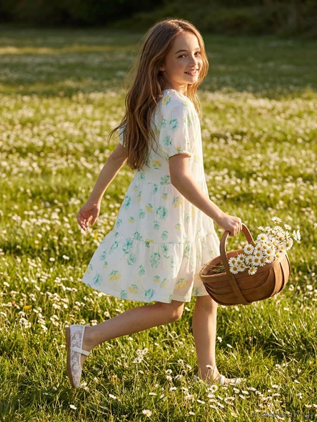 LCW Kids Beyaz Bisiklet Yaka Çiçekli Kız Çocuk Elbise ürün görseli 1