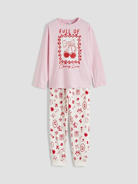 LCW Kids Pembe Bisiklet Yaka Baskılı Kız Çocuk Pijama Takım ürün görseli 1