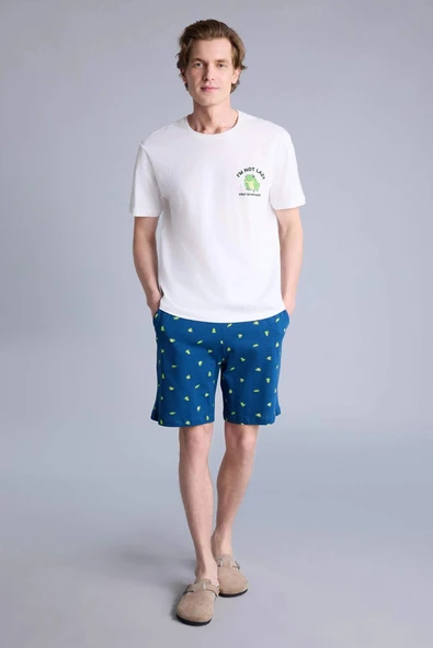 Defacto H0580AXIN101 İndigo %100 Pamuk New Regular Fıt Kısa Kollu 2'li Pijama Takım ürün görseli 1