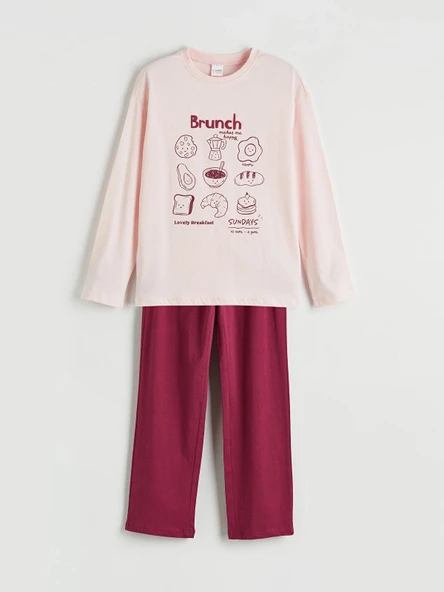 LCW Kids Pembe Baskılı Bisiklet Yaka Kız Çocuk Pijama Takım ürün görseli 1