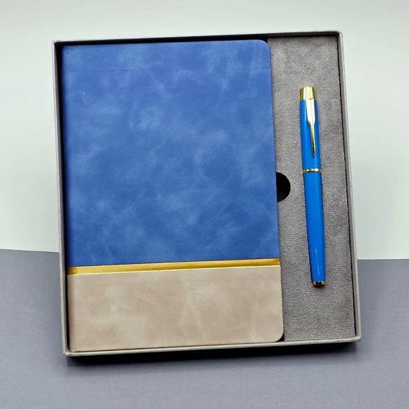Gold Şeritli Mavi Defter Ve Kalem Seti ürün görseli 1