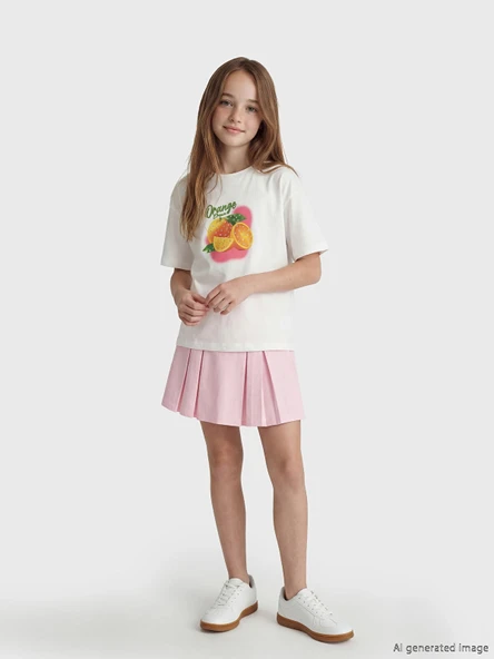 LCW Kids Ekru Baskılı Kız Çocuk Tişört ve Şort Etek ürün görseli 1