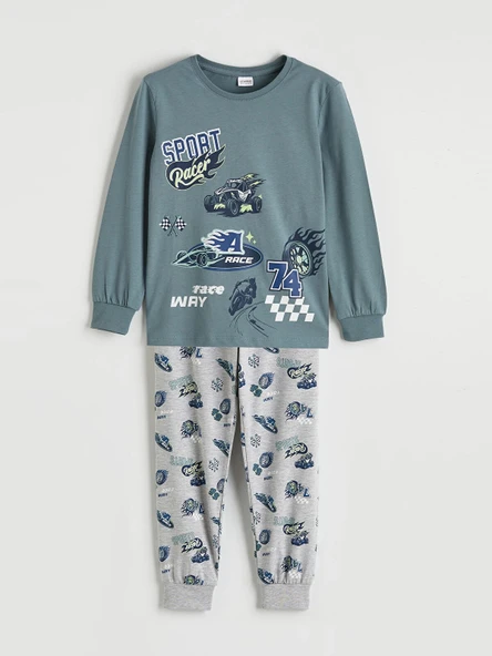LCW Kids Mavi Baskılı Bisiklet Yaka Erkek Çocuk Pijama Takımı ürün görseli 1