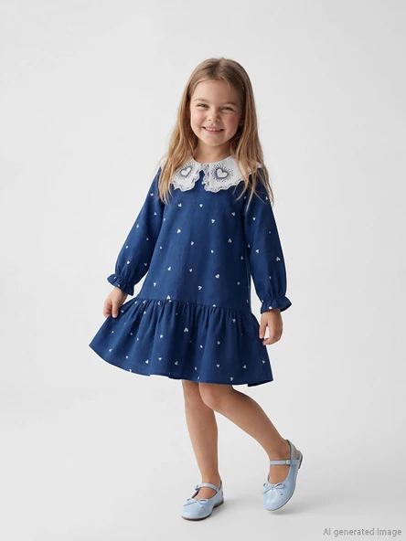 LCW Kids Lacivert Bebe Yaka Taşlı Kız Çocuk Fırfırlı Elbise ürün görseli 1