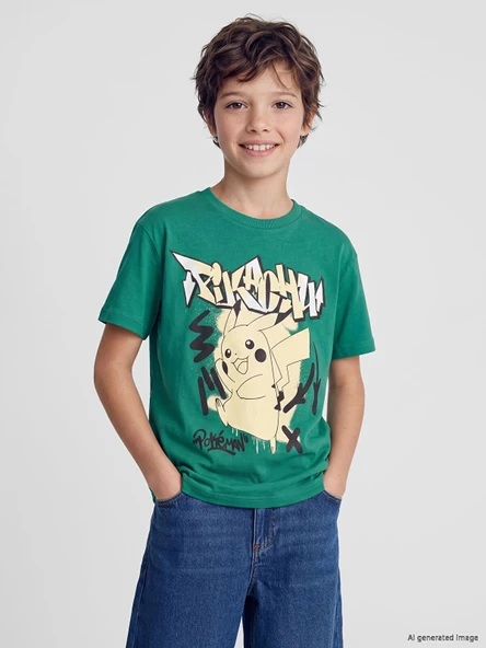 LCW Kids Yeşil Bisiklet Yaka Pikachu Baskılı Erkek Çocuk Tişört ürün görseli 1