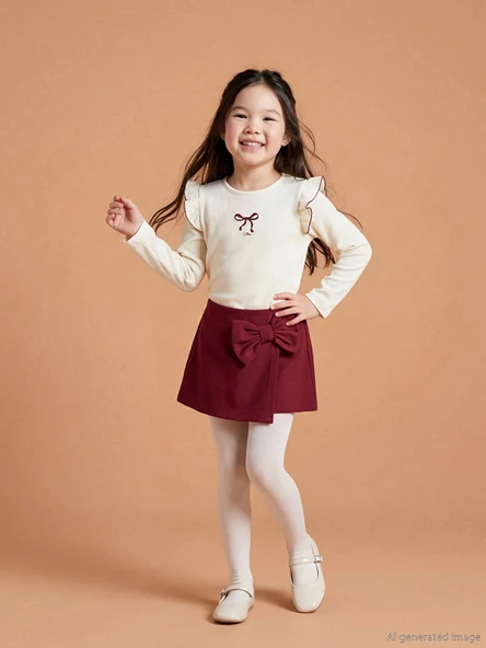 LCW Kids Ekru Fiyonk Detaylı Kız Çocuk Bluz Şort Etek ve Külotlu Çorap ürün görseli 1