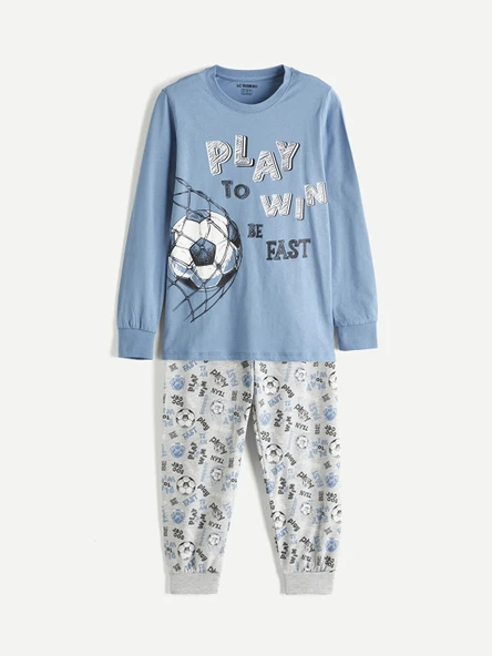 LCW Kids Mavi Bisiklet Yaka Baskılı Erkek Çocuk Pijama Takım ürün görseli 1