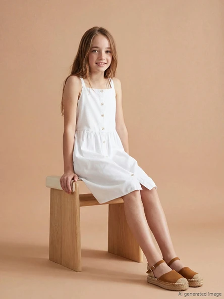 LCW Kids Beyaz Kare Yaka Askılı Kız Çocuk Poplin Elbise ürün görseli 1