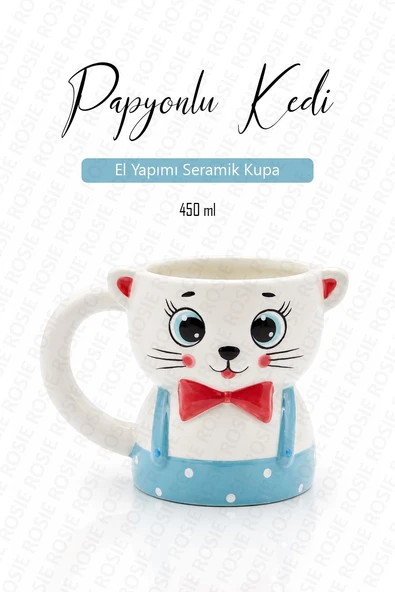 Papyonlu Kedi Figürlü El Yapımı Kupa - Mug, 450 ml ürün görseli 1