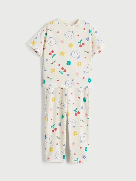 LCW Kids Bej Bisiklet Yaka Kız Çocuk Pijama Takım ürün görseli 1