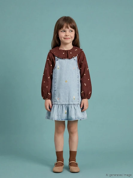 LCW Kids İndigo Kare Yaka Nakışlı Kız Çocuk Jean Salopet Elbise ürün görseli 1