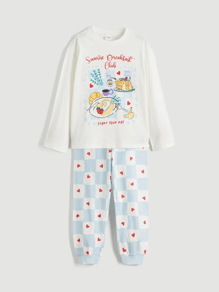 LCW Kids Ekru Bisiklet Yaka Kız Çocuk Pijama Takımı ürün görseli 1