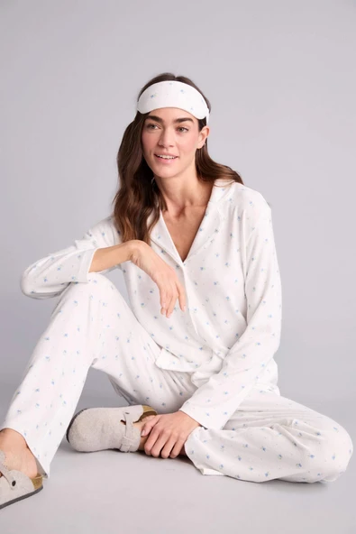 Defacto H1801AXER98 Ekru Çiçekli Pijama Takımı Üst Alt ürün görseli 1