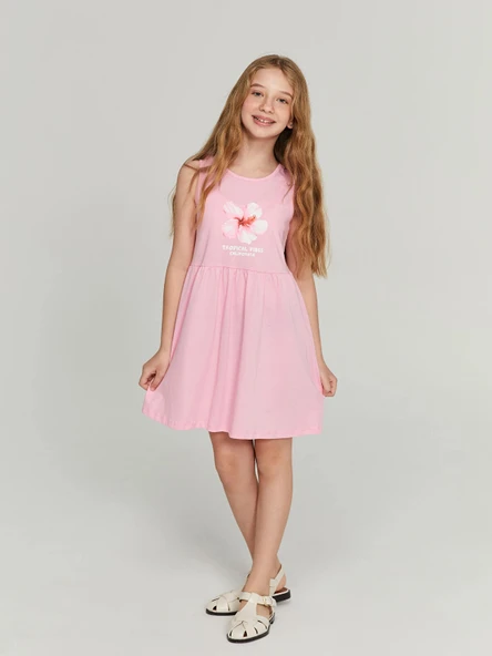 LCW Kids Pembe Bisiklet Yaka Çiçekli Kız Çocuk Elbise ürün görseli 1