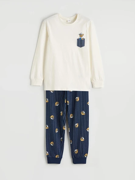 LCW Kids Ekru Baskılı Bisiklet Yaka Erkek Çocuk Pijama Takımı ürün görseli 1