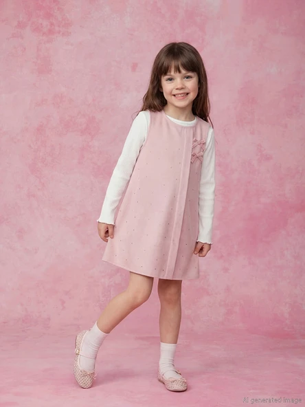 LCW Kids Pembe Bisiklet Yaka Kız Çocuk Taşlı Elbise ve Tişört ürün görseli 1