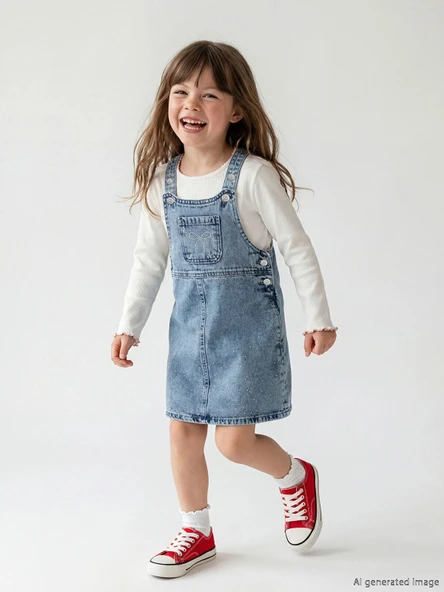 LCW Kids İndigo Fiyonk ve Taşlı Kız Çocuk Jean Salopet Elbise ürün görseli 1