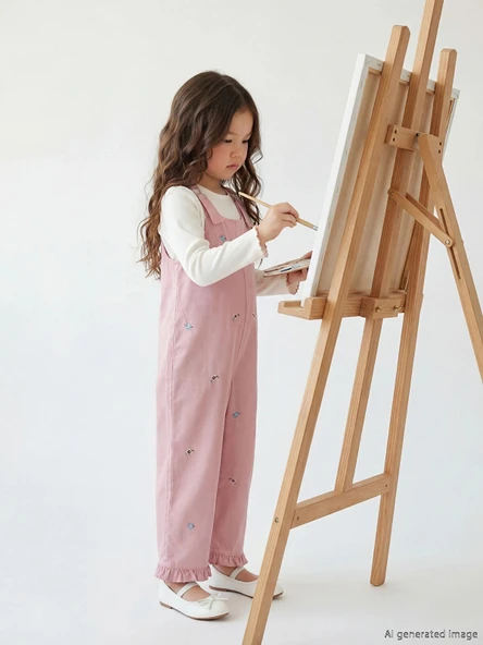 LCW Kids Ekru Nakışlı Kız Çocuk Salopet ve Tişört Takımı ürün görseli 1