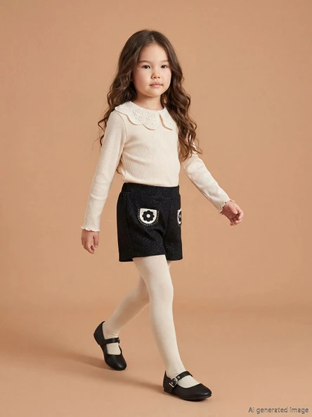 LCW Kids Bej Bebe Yaka Kız Çocuk Bluz Şort ve Külotlu Çorap ürün görseli 1