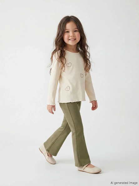 LCW Kids Ekru Kalp Baskılı Kız Çocuk Bluz ve Tayt Pantolon ürün görseli 1