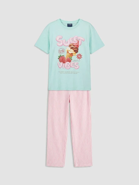 LCW Kids Turkuaz Bisiklet Yaka Baskılı Kız Çocuk Pijama Takımı ürün görseli 1