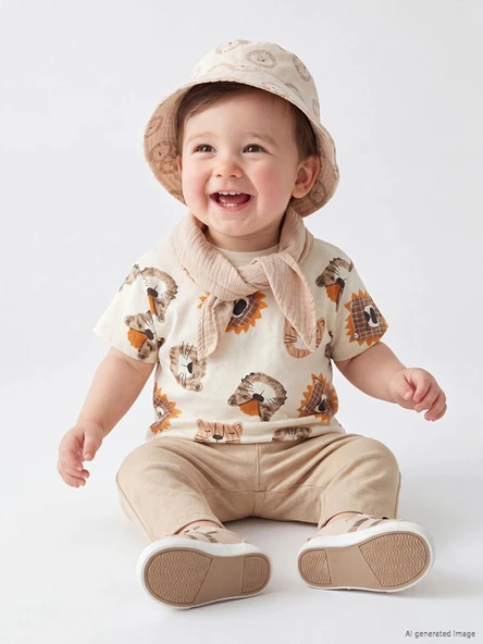LCW baby Ekru Bisiklet Yaka Hayvan Baskılı Erkek Bebek Tişört ve Pantolon ürün görseli 1