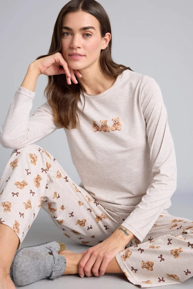 Defacto G7964AXBG588 Bej Ayıcıklı Pijama Takımı ürün görseli 1