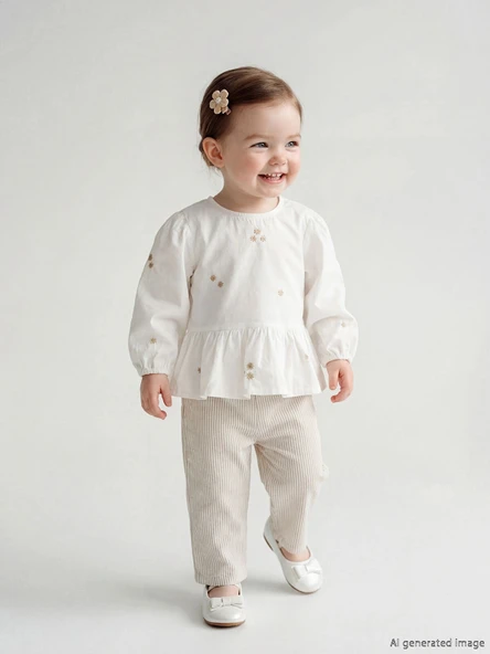 LCW baby Ekru Bisiklet Yaka Kız Bebek Bluz ve Pantolon ürün görseli 1