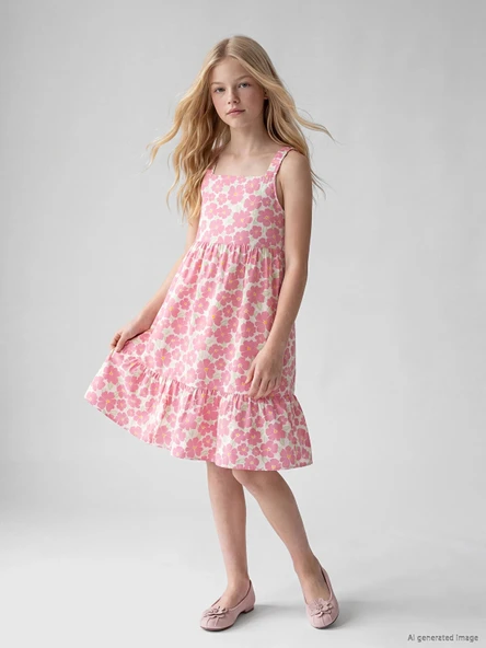 LCW Kids Pembe Kare Yaka Çiçekli Kız Çocuk Poplin Elbise ürün görseli 1