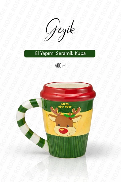 Yılbaşı Temalı El Yapımı Geyik Kupa, Hediyelik Kupa, Mug 400 ml ürün görseli 1