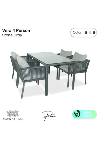 VAVRATTAN Vera Rattan Bahçe Balkon 4 Kişilik Yemek Takımı-taş Gri ürün görseli 1