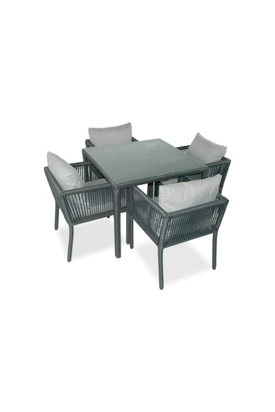 VAVRATTAN Vera Kare Rattan Bahçe Balkon 4 Kişilik Yemek Takımı-Taş Gri ürün görseli 1