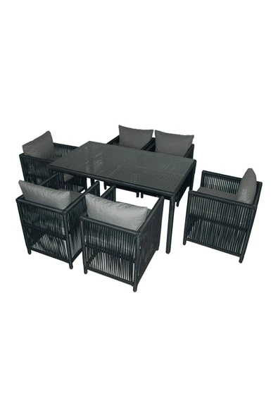 VAVRATTAN Mana Rattan Bahçe Balkon Yemek Takımı 6 Kişilik Taş Gri ürün görseli 1