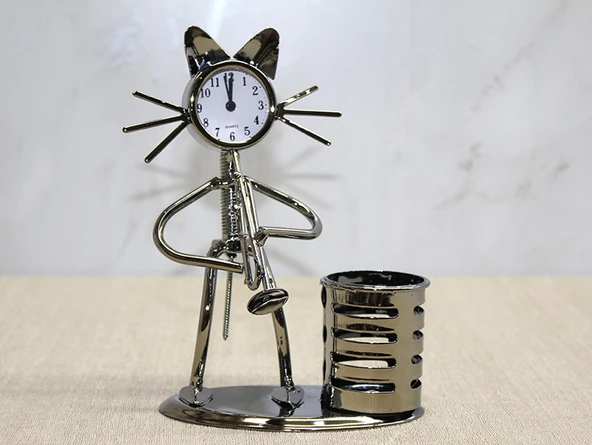 Metal Saksafon Çalan Kedi Müzisyen Saat Ve Kalemlik ürün görseli 1